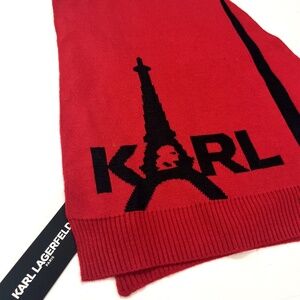 New Karl Lagerfeld Paris Scarf Knit Eiffel Tower Logo Red Acrylic Black French